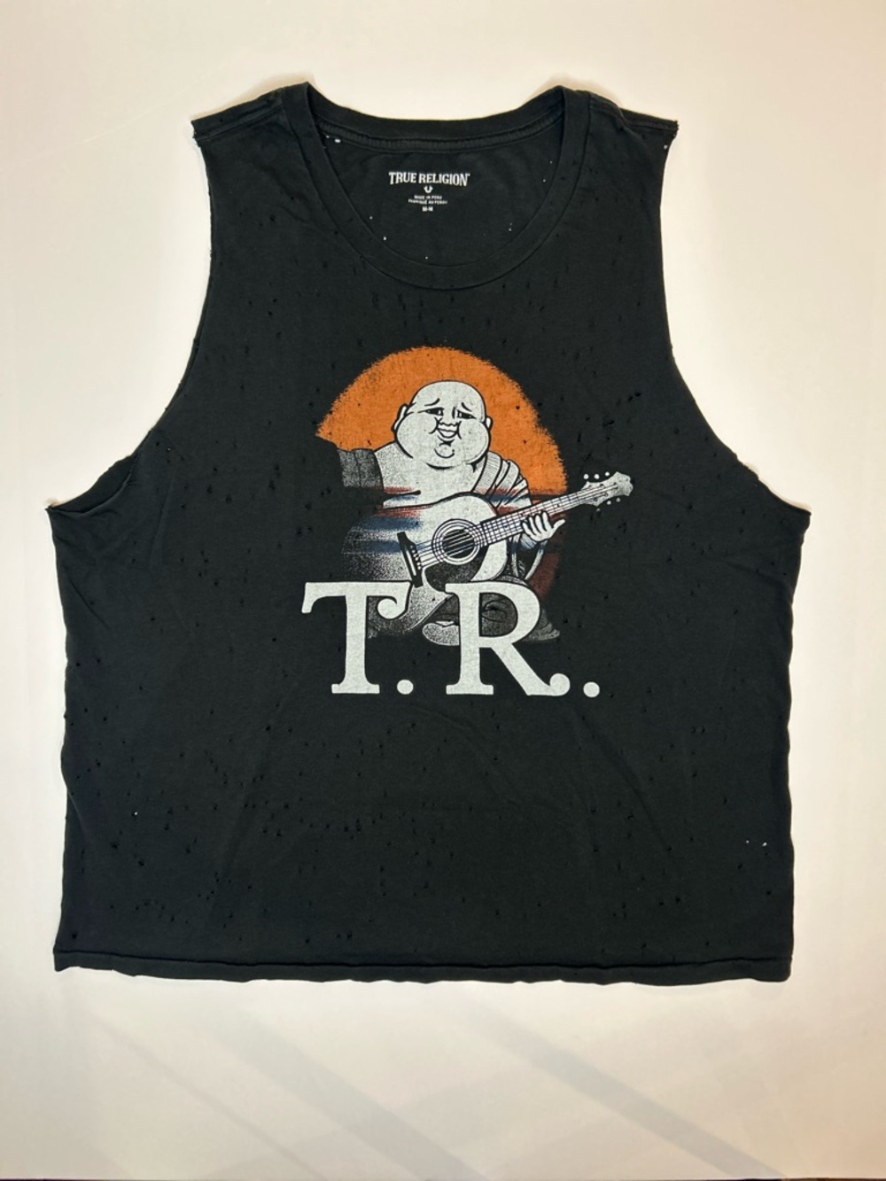 True Religion Buddha Black Sleeveless Graphic Tank with T.R. Logo